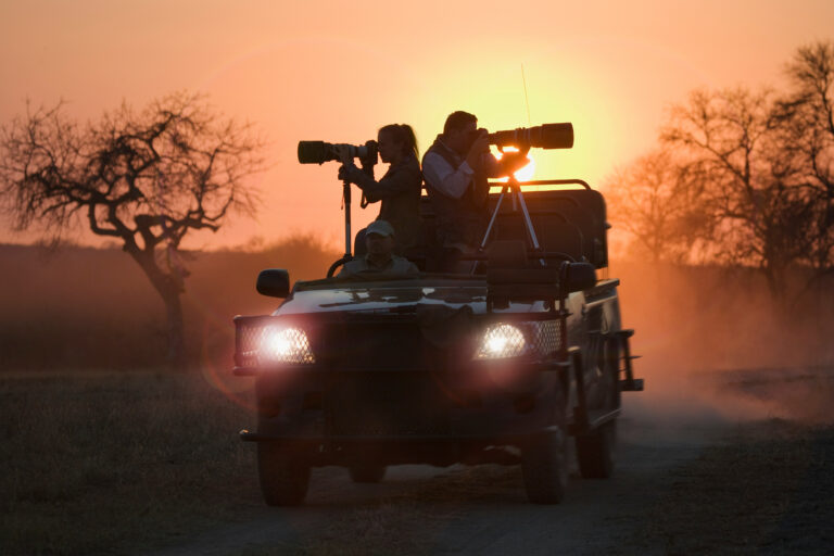 South africa phinda experiences game drive photographers at sunset gettyimages 77816922